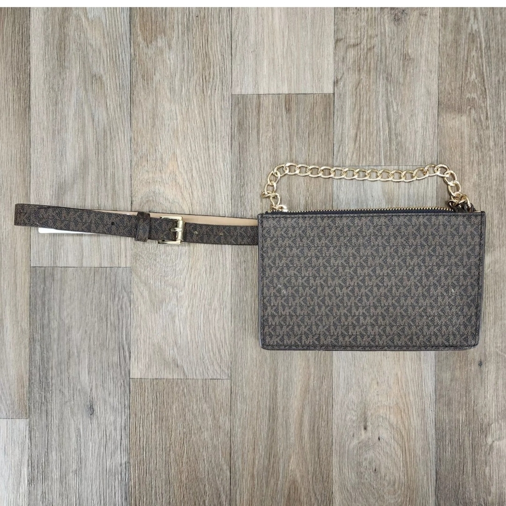 Michael Kors Brown Wristlet with Gold Chain